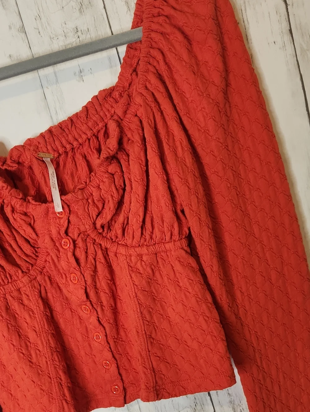 Free People Orange Textured Peasant Crop Top | Long Balloon Sleeves | Large